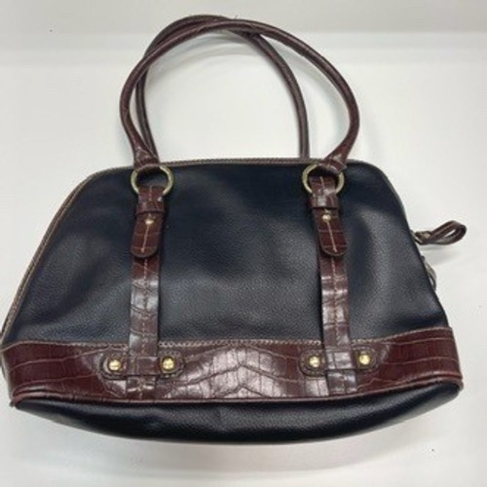 CL America Black Brown Faux Croc Trim Satchel Shoulder Bag Gold Tone Hardware